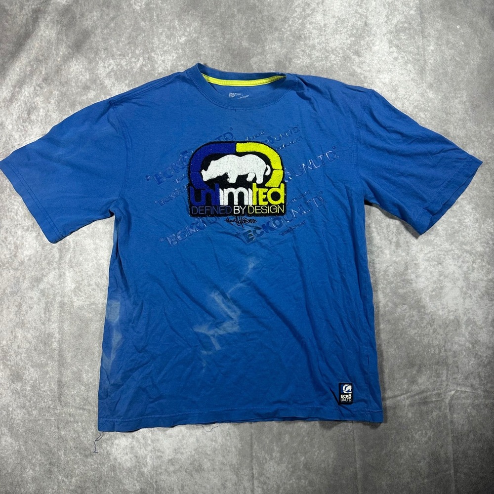 Ecko Unltd Mens XL Blue Graphic T-Shirt Rhino Logo Streetwear Distressed Y2K